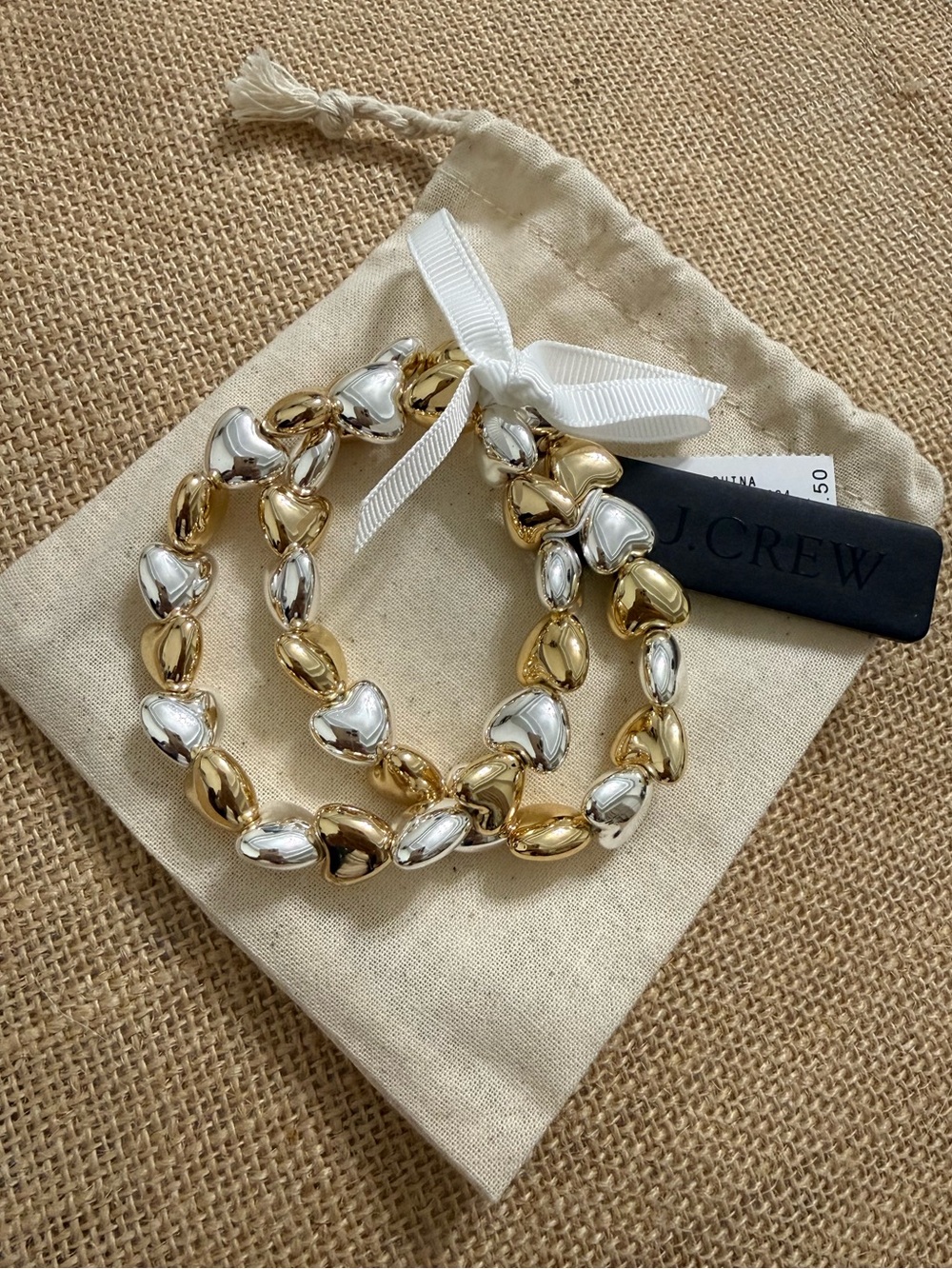 J. Crew Gold and Silver Heart Stretch Bracelet Duo Mixed Metal Hearts New